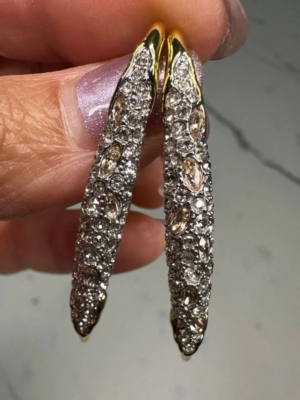 Alexis Bittar Solanales Two-Tone Crystal Pavé Spear Elongated Hoops Earrings